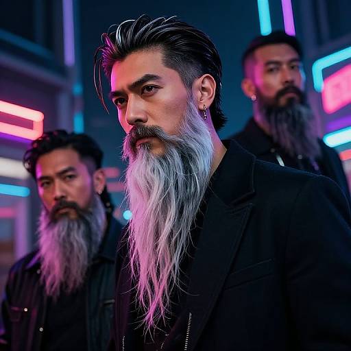 Photograph of three men with long, thick beards in a neon-lit urban setting, wearing black clothing, with the central man in focus.