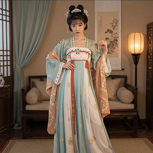 Photograph of an East Asian woman in a traditional blue floral kimono with gold embroidery, standing in a warmly lit, traditional Japanese room.