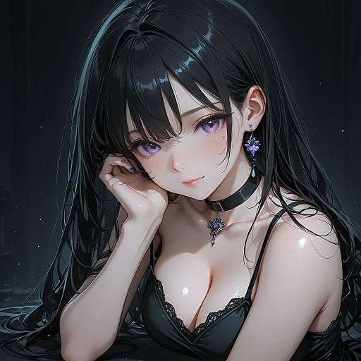 Anime Style Girl in Black Dress and Jewelry