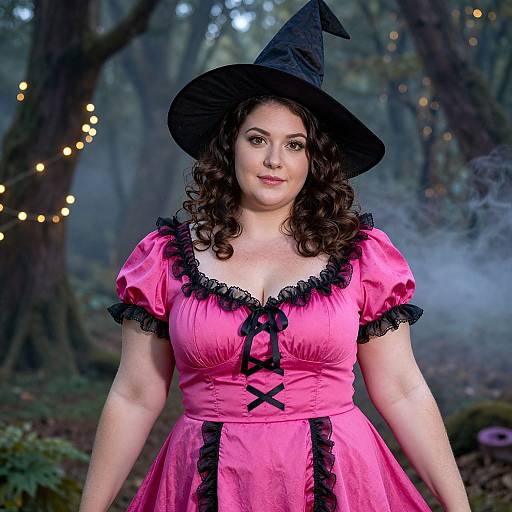 Photograph of a curvy, fair-skinned woman with curly brown hair, wearing a pink witch dress with black lace and a black witch hat,