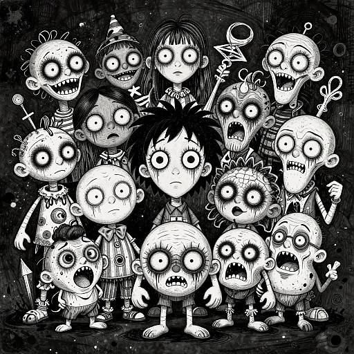Black-and-white digital drawing of a group of creepy, wide-eyed, zombie-like children with exaggerated expressions, standing closely together.