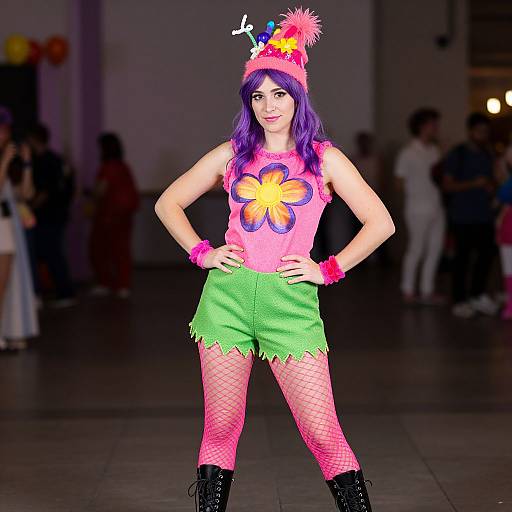 Photograph of a purple-haired woman in pink flower shirt, green shorts, pink fishnet tights, black boots, and colorful hat, standing confidently