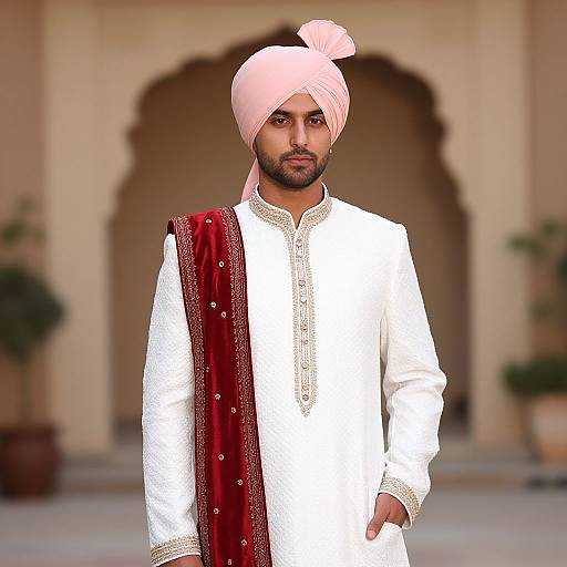 Photograph of a bearded South Asian man with a pink turban, white traditional kurta, and red velvet shawl, standing in front of