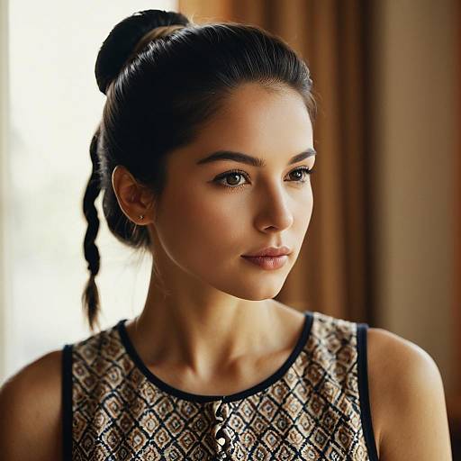 Photograph of a young woman with fair skin, dark hair in a braided bun, wearing a patterned sleeveless top, gazing thoughtfully