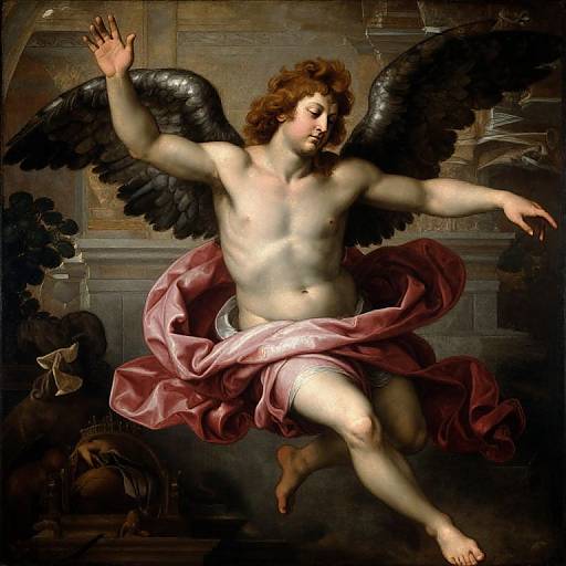 Baroque-style painting of a muscular, pale-skinned angel with dark wings, curly brown hair, and a pink draped cloth, floating with one arm