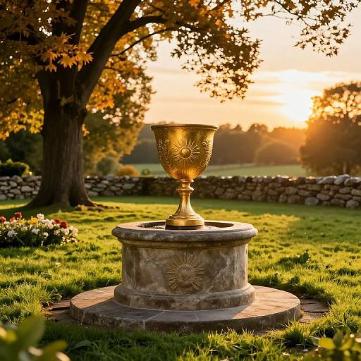 Photograph of a sunlit garden with a golden, sunburst-patterned chalice on a stone pedestal, surrounded by grass, flowerbeds,