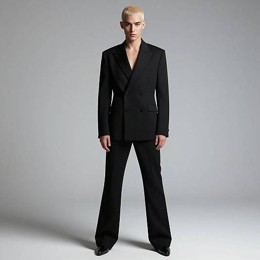 Photograph of a serious-looking person with platinum blonde hair, wearing a black double-breasted suit and black trousers, standing against a plain gray background.