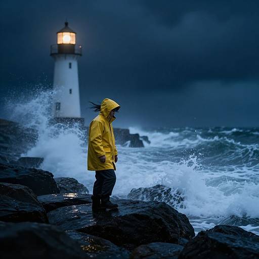 Photograph of a person in a yellow raincoat standing on rocky shore, facing stormy ocean, with a lit lighthouse in the background under a