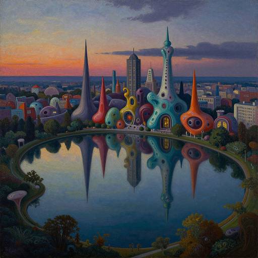 Surreal cityscape painting at sunset, featuring colorful, abstract buildings with unique shapes, reflected in a circular pond, set against a vibrant, cloud