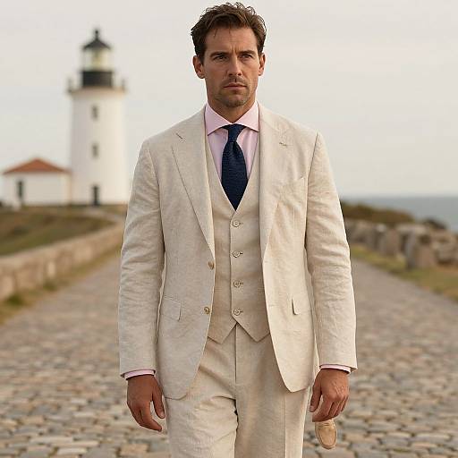 Photograph of a handsome, serious-looking man in a white suit, pink shirt, and navy tie, standing on a cobblestone path with a