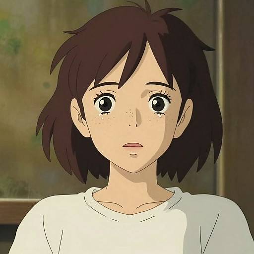 Anime-style drawing of a young girl with short, messy brown hair, large brown eyes, freckles, and a white shirt, looking surprised.