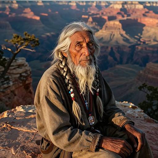 Photograph of an elderly Native American man with long white hair and beard, wearing traditional attire, seated on a Grand Canyon ledge, with dramatic sunset lighting