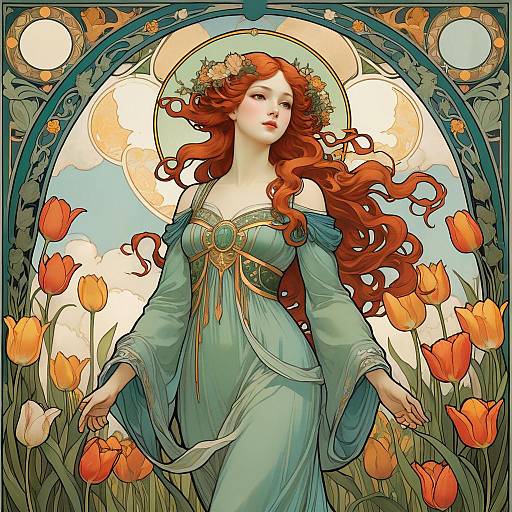 Art Nouveau Woman in Tulip Garden