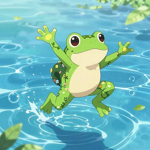 Digital illustration of a green, cartoon-style frog with large eyes and a white belly, jumping joyfully in a bright blue, sunlit pond with r