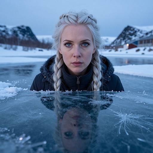 Photograph of a pale-skinned, blonde woman with braided hair, wearing a black coat, standing in a frozen, snow-covered lake with a