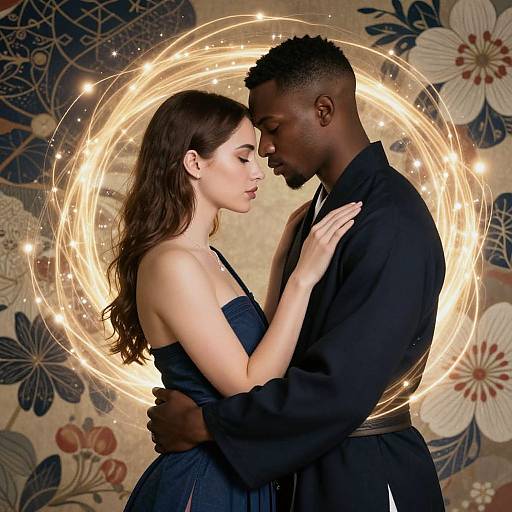 Photograph of a romantic couple, a white woman in a blue dress and a Black man in a black shirt, embracing with a glowing circular light effect