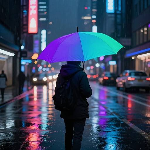 Photograph: Silhouetted person holding a glowing blue-purple umbrella in a neon-lit, rainy urban street, reflective wet pavement, blurred city