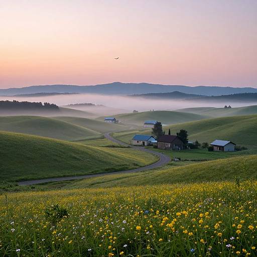 Photograph of a misty, rolling countryside at sunrise with a winding road, yellow wildflowers, and small houses nestled among green hills.