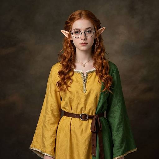 Photograph of a young girl with long red hair, elf ears, round glasses, yellow-green medieval dress, black belt, dark smoky background.