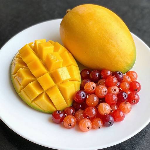 Photograph of a white plate with a whole mango, mango slices, and red currants, set against a black background.