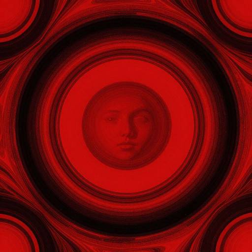 Abstract digital art: Red, black concentric circles surround a central, expressionless face in red, creating a hypnotic, surreal effect.