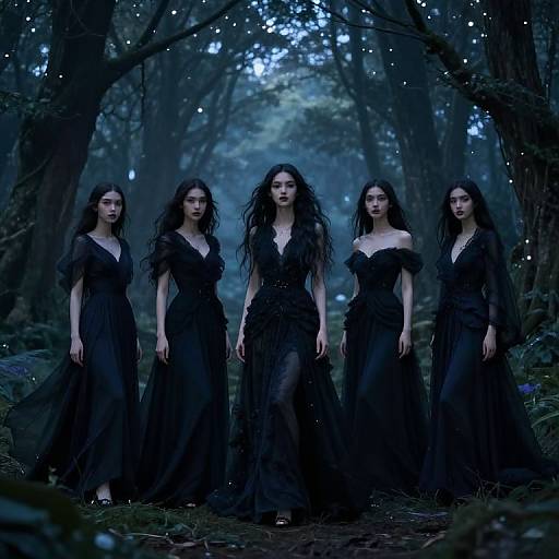 Photograph of five ethereal women with long, black hair in flowing black dresses, standing in a dark, mystical forest with glowing blue lights and enchanted