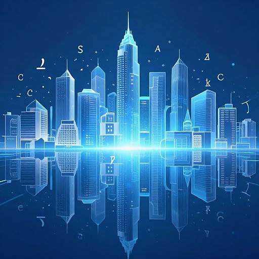 Digital illustration of a neon blue cityscape at night, featuring reflective skyscrapers, glowing lights, and constellations against a dark blue background.