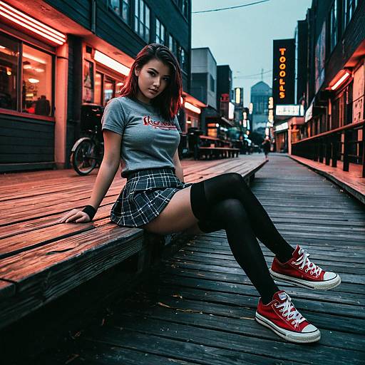 Teen Fashion in Cyberpunk Cityscape
