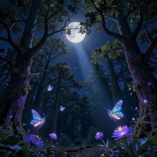 Moonlit forest scene with glowing blue butterflies, purple flowers, and ethereal light beams illuminating dark, dense trees. Digital art.