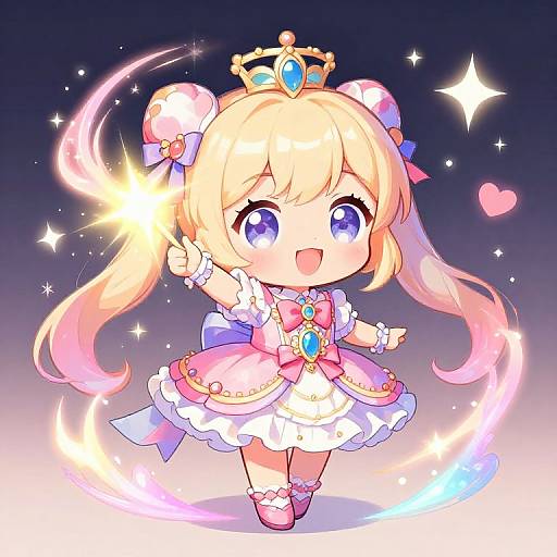 Chibi-style digital illustration of a cute blonde girl with large purple eyes, wearing a pink and white frilled dress, blue and pink bows, and