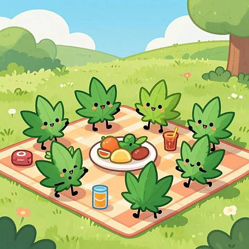 Cartoon Cannabis Leaves Picnic Scene