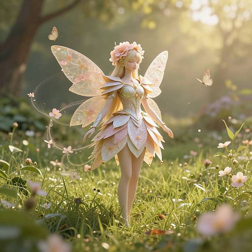 Photograph of a fairy doll with translucent wings, pink flower crown, and layered petal dress, standing in a sunlit, flower-filled meadow