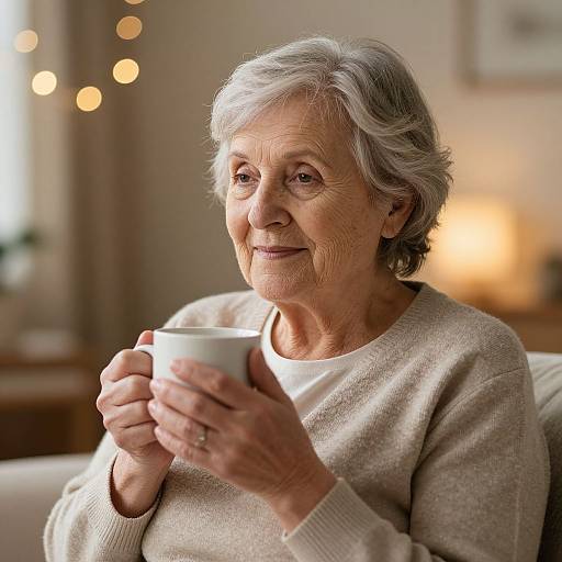 Photograph of an elderly woman with short gray hair, wearing a beige sweater, holding a white mug, smiling warmly in a softly lit living room.