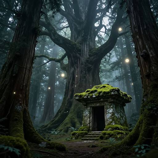 Mysterious, moss-covered stone shrine in a foggy, enchanted forest with towering trees and glowing fireflies, captured in a digital fantasy art style.