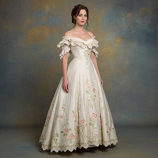 Photograph of a fair-skinned woman with dark curly hair, wearing an off-the-shoulder, cream satin ball gown with pink floral embroidery,