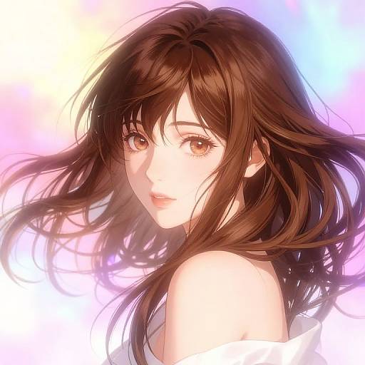 Digital anime-style portrait of a young woman with long, flowing brown hair, large brown eyes, and a soft smile, set against a pastel gradient