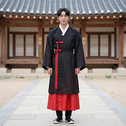 Photograph of an East Asian man in traditional black hanbok with red sash and skirt, standing in front of a traditional wooden building with tiled