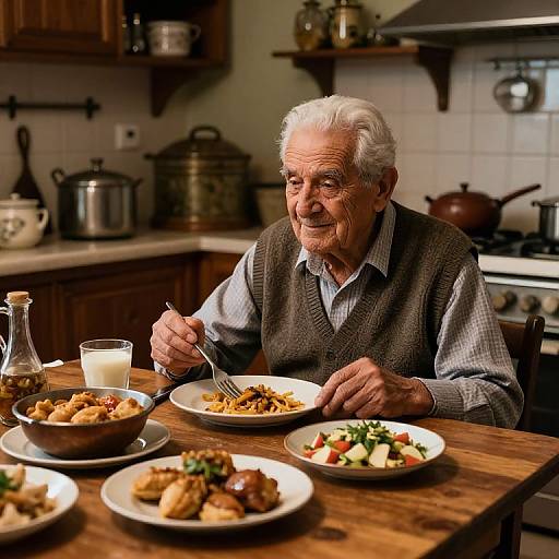 Photograph of an elderly white man with gray hair, wearing a gray vest and blue shirt, smiling while eating at a wooden kitchen table with roasted chicken