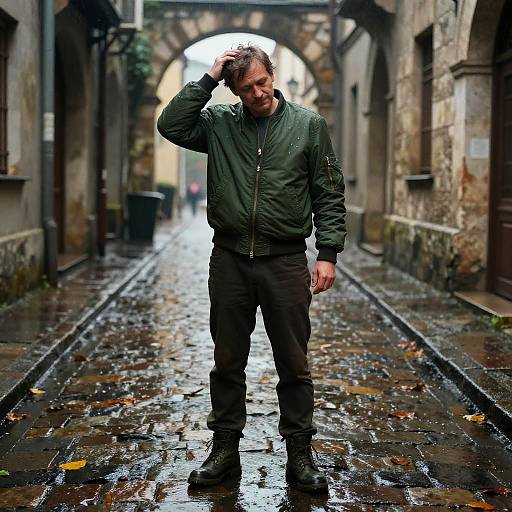 Serene Eastern European Man in Rain