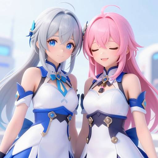 Digital anime-style drawing of two cute girls with blue and pink hair, wearing matching white and blue outfits, smiling, standing close, bright outdoor background.