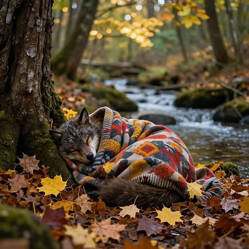 Photograph of a sleeping wolf in a colorful plaid blanket, surrounded by autumn leaves and a mossy forest stream, with yellow leaves in the background