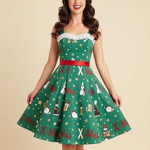 Photograph of a smiling woman with long brown hair, wearing a green Christmas-themed dress with white lace trim, red waistband, and festive print,