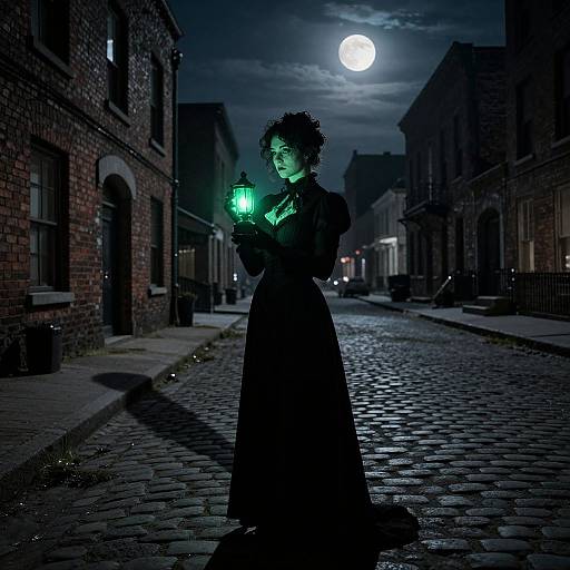 Photograph of a Victorian-era woman with curly hair holding a glowing green lantern, standing on a cobblestone street under a full moon in a dark