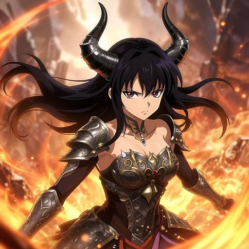Digital anime artwork of a fierce, black-haired demon girl with horns, wearing ornate black armor, standing amidst fiery chaos.
