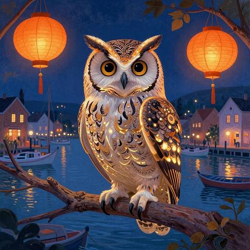 Enchanted Owl at Vibrant Marina Night