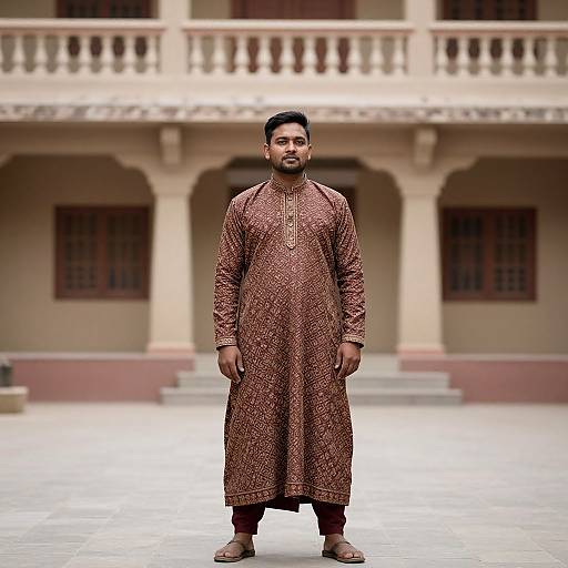 Photograph of a South Asian man with short black hair and beard, wearing a brown, intricately patterned long kurta, standing in front of