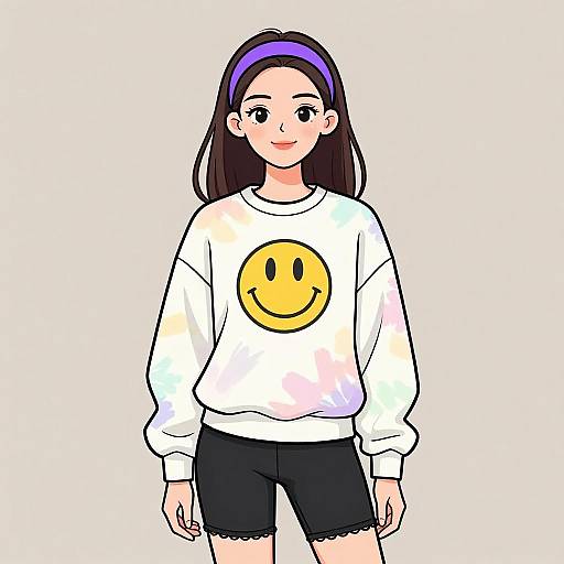 Digital anime-style drawing of a cute young woman with long brown hair, wearing a white sweatshirt with a yellow smiley face, black shorts, and