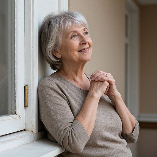 Photograph of a smiling elderly woman with short gray hair, wearing a beige sweater, leaning against a window, hands clasped, looking up. Soft