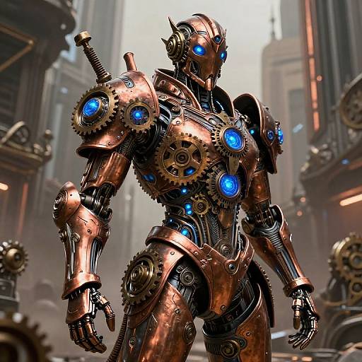 Photorealistic CGI of a futuristic, copper-colored, humanoid robot with glowing blue eyes and gears, standing in a steampunk cityscape.