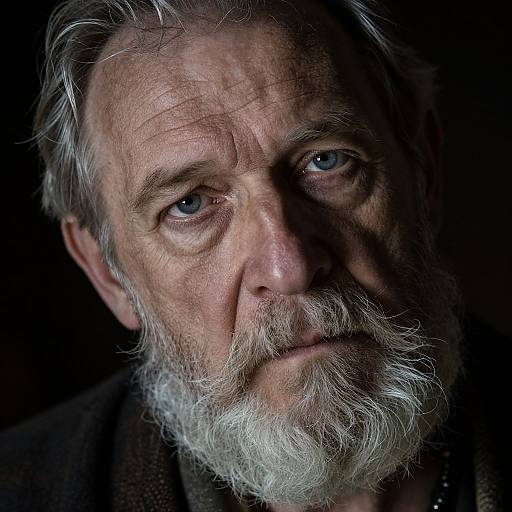 Close-up photograph of an older man with gray hair, a white beard, and blue eyes, illuminated against a dark background, showcasing deep wrinkles and intense